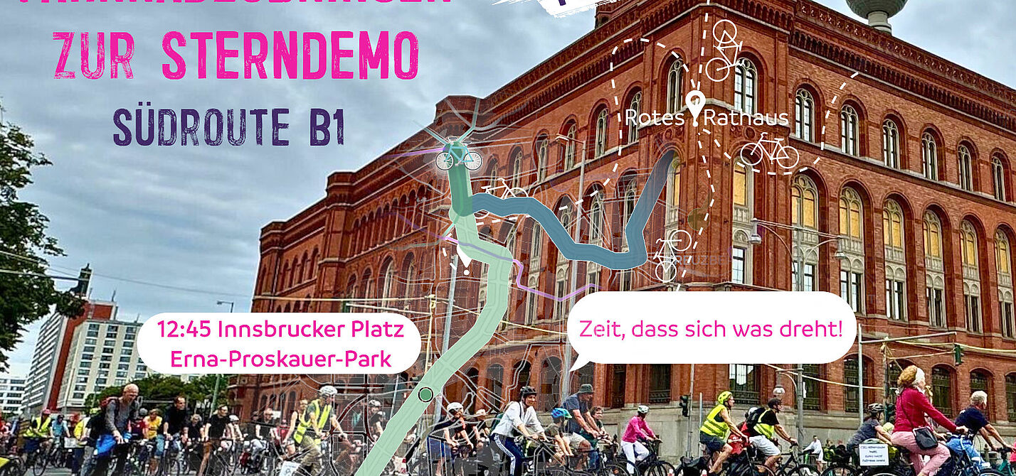 Sharepic zur Südroute B1 zur Sterndemo am 12.09.26 Sharepic des ADFC Steglitz-Zehlendorf zur Südroute B1 als Fahrradroute zur Sterndemo am 12.09.2026