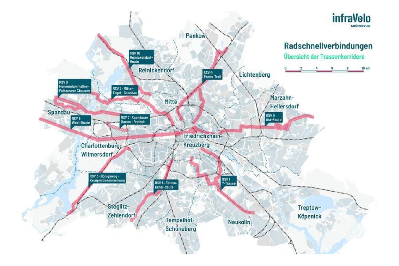 Routenverlauf der geplanten Raschnellwege laut infraVelo.