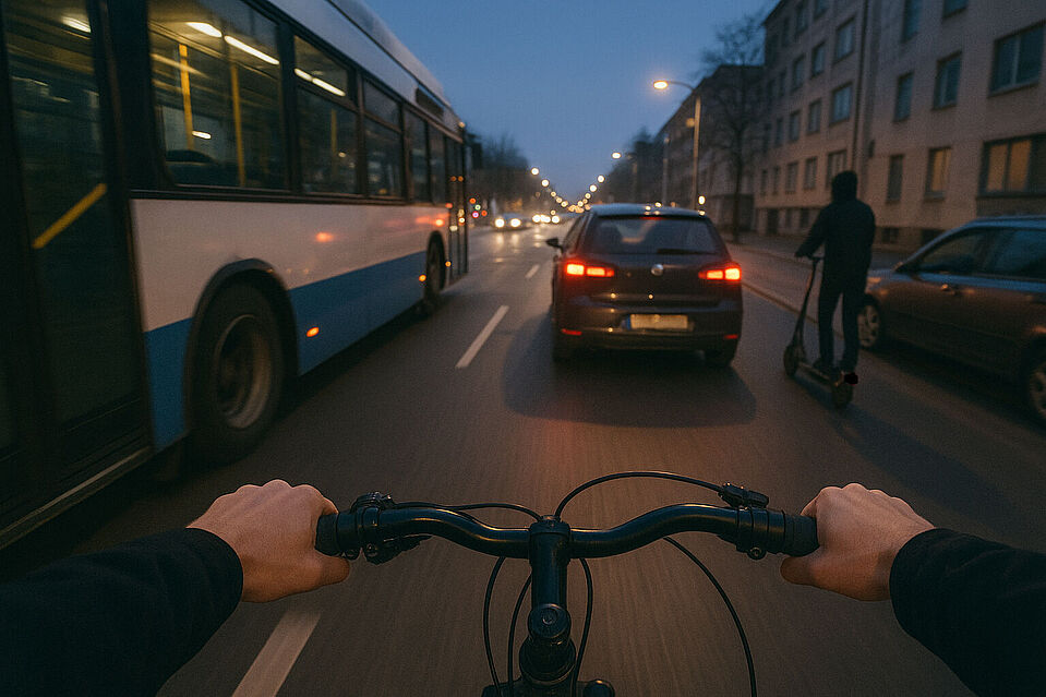 So ähnlich sah es aus – nur in echt noch etwas enger. KI-generiertes Symbolbild (GPT-5, 2025) Blick aus Radfahrersicht auf eine belebte Stadtstraße in der Dämmerung mit Autos, Bus und geöffneter Autotür – symbolisch für gefährliche Verkehrssituationen in Bremerhaven.