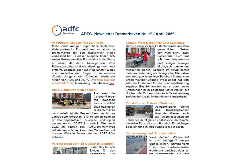 ADFC Newsletter, ca alle 3 Monate neu ADFC Newsletter 12, April 2022