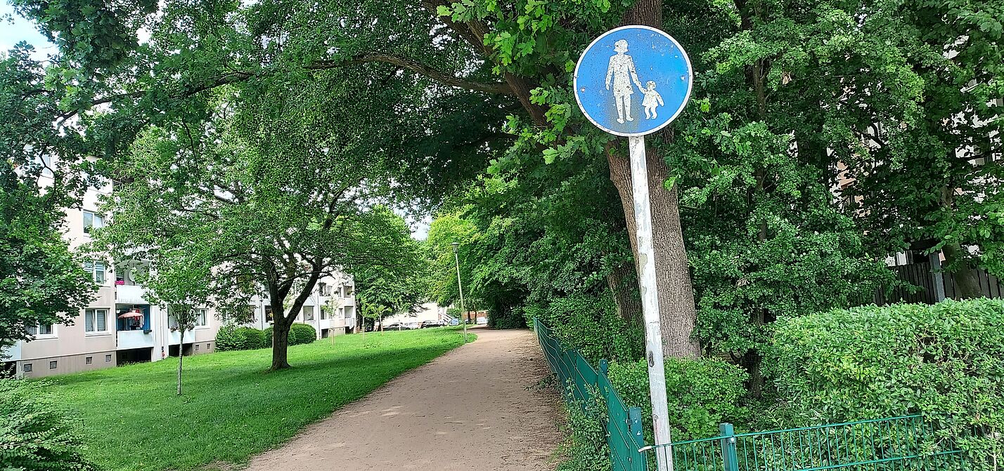 Ein Fußweg an der August-Bebelstraße - vom Magistrat dargestellt als Meilenstein der Radinfrastruktur Ein Fußweg an der August-Bebelstraße - vom Magistrat dargestellt als Meilenstein der Radinfrastruktur