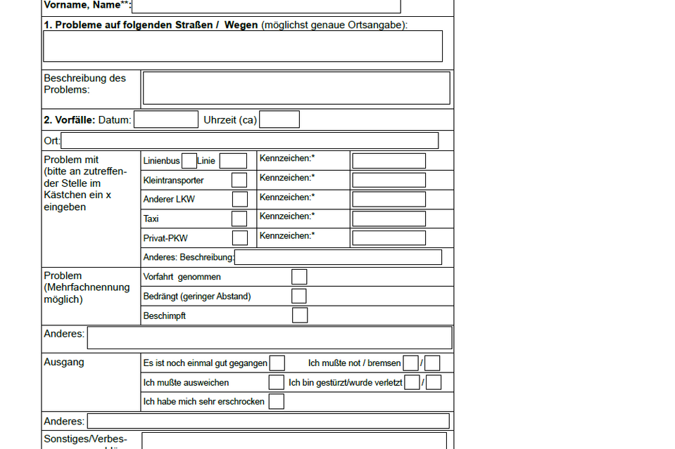 Ein Blick auf das Problemmelder-Formular ADFC; Problemmelder; Bremerhaven